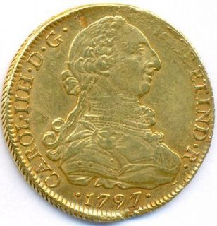 1797 GOLD 8 ESCUDOS CHILE UNDER SPAIN, RARE, AMAZING CONDITION