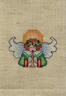 Finished Completed Cross Stitch Greeting Card Christmas Angel Playing 