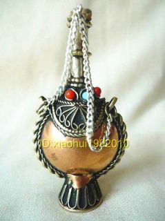 SITSANG BRASS CARVED CHAIN SNUFF BOTTLE WITH SMALL SPOON 