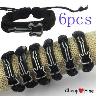 Wholesale lots 6 PCS Black GUITAR Charm Genuine leather bracelets
