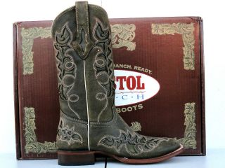 Resistol Ranch Womens Olive Drab Rustic Calf Lazer Design Cowgirl Boot