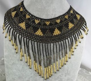 Artisan Czech Glass Bead Egyptian Collar Necklace Black & Gold