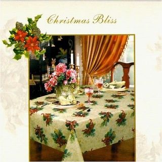 CHRISTMAS BLISS Ribbons & Holly Christmas Holiday Fabric Tablecloth 