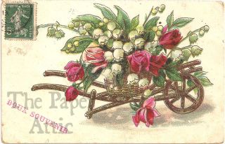 Lily of the Valley & Pink Roses in Wheelbarrow Antique Vtg French 