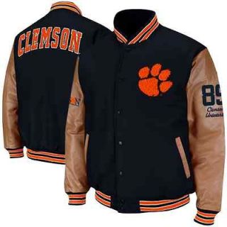 Clemson Tigers Varsity Letterman Button Up Jacket   Black/Tan