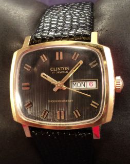 1970s CLINTON TV STYLED 17j SWISS DAY DATE GOLD PLATE MENS WATCH 