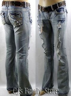 Amethyst Juniors Low Destroyed Boot Cut Flap Pocket Belted Denim Jeans
