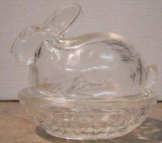 Art Glass Bunny on a Nest Clear Powder Box or Small Candy Dish Marked 