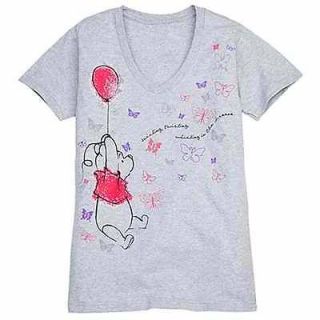 NEW Disney Winnie the Pooh & Butterflies V Neck Womens Tee Shirt Sz 