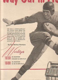 Wurlitzer 1600 & 1650 phonograph 1953 Ad  out in front football player