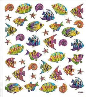 Colorful Angel Fish, starfish and seashell prism scrapbooking stickers