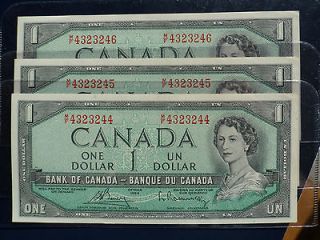 1954 Canada 1 Dollar Bank Note 3 Consecutive UNC Cond. Combine 