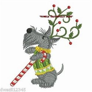 CHRISTMAS SCOTTY DOG CANDY CANE   2 EMBROIDERED HAND TOWELS by Susan