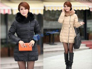 Women Rabbit Fur Collar Slim Long Down Jacket Coat Lady Black/Khaki 