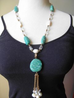   Dweck Turquoise/Pearls/Crystal Quartz Tassel Bronze Necklace 25in New