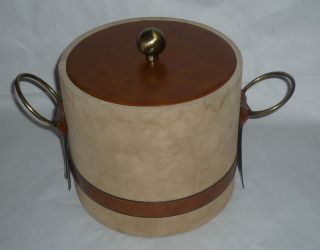 Ice Bucket Vintage 70s Style Faux Suede and Leather Metal Handles 