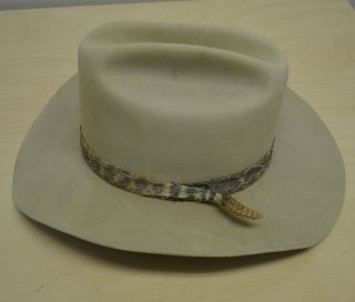 Vintage John B Stetson Cream Cowboy Western Hat Real Rattlesnake Trim 