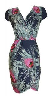   & Pink Peacock Print Cap Sleeve Day Dress Sally Anne Size 12 New