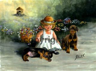 Doberman Pinscher child with pups dog art note cards print by Roberta 