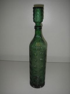   Green Pressed Glass DECANTER w Stopper Bottle Thumbprint & Dimple