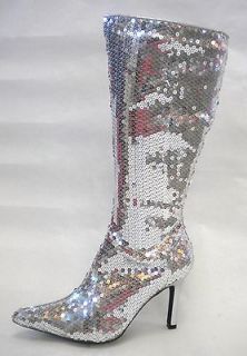 Silver Sequins 60s 70s Disco Studio 54 Costume Boots Shoes Womans 