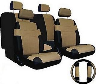 TAN BLACK Car Seat Covers SET w/ Steering Wheel Cover & Belt Shoulder 