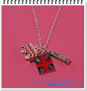 FUNKY SILVER LONDON NECKLACE BIG BEN UNION JACK RED BUS CUTE 