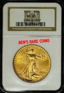 1922 $20 MS63 GOLD ST. GAUDENS DOUBLE EAGLE COIN NGC