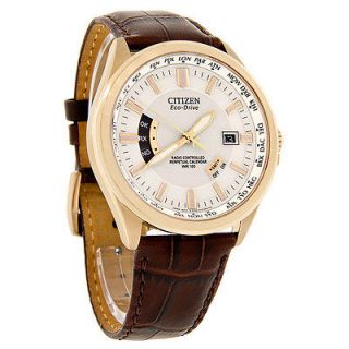 Citizen Atomic World Timer Eco Drive Mens Rose Gold Leather Watch 