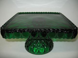 Square hunter green Glass cake serving stand plate platter pedestal 