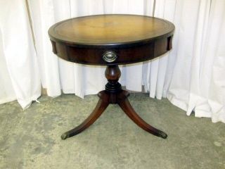   Round Side Table w Gold Leaf Embossed Leather Top Duncan Phyfe