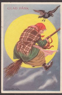 X1912 Easter Witch postcard, Teapot, Jenny Nystrom, Used 1952, Swedish 