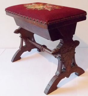 Walnut Eastlake Victorian piano Foot Stool Bench rose decorated 