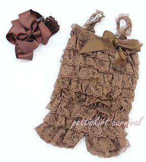 Newborn Baby Girls Brown Lace Petti Posh Rompers Straps Huge Bow 