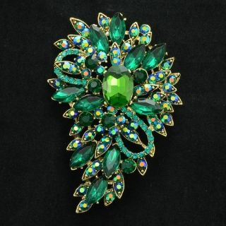 Brilliant Green Flower Brooch Broach Pin 3.3 W/ Rhinestone Crystals 