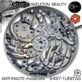 MOVEMENT ETA UNITAS 6497 1, ART DECO SKELETON ANTHRACITE RHOD., SMALL 