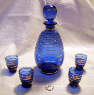 vintage cobalt blue decanter set (4 cordials) & decanter & ground 