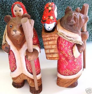   HAND CARVED painted WOODEN figurine BEAR & Masha smart GIRL fairy tale