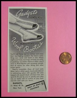 1940 Vintage GADGETS Winter Booties Fireplace NY 40s Ad