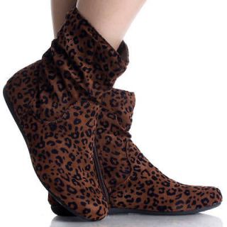 Flat Ankle Boots Brown Leopard Velvet Comfort Fashion Womens Booties 