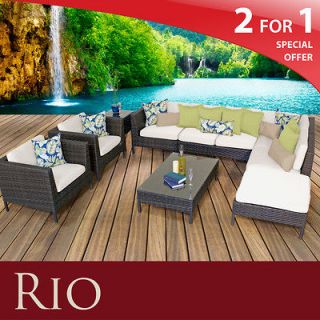 New Rio Cozy Furniture Outdoor Sectional Wicker Patio 9 Pc Set Ivory 