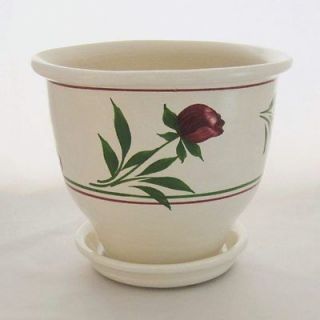Vintage 8 wide PLANTER Handmade Stoneware   RED ROSE Romantic Flower 