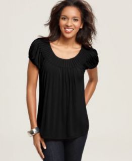 Style&co. Petite Top, Cap Sleeve Solid Pleated Collar