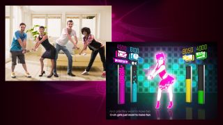 Four people dancing using Wii Remotes in Just Dance