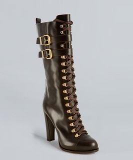 Fendi dark brown leather lace up buckle boots