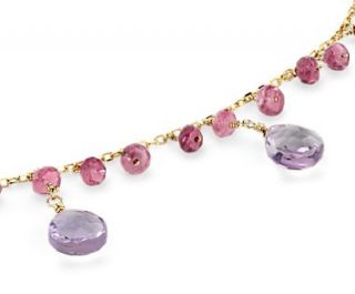 Amethyst and Pink Tourmaline Statement Necklace in 14k Yellow Gold 