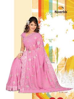 Designer Indian Traditional Pink Georgette Saree Sari with Unstitched 
