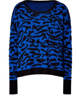 Sandro Electric Blue/Black Animal Print Boxy Pullover  Damen  Strick 