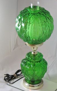 Vintage GREEN GLASS GLOBE Quilted Panel GWTW 3 way Hurricane PARLOR 