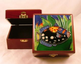 Tropical Reef Clown Fish Wood Jewelry Box Ceramic Tile